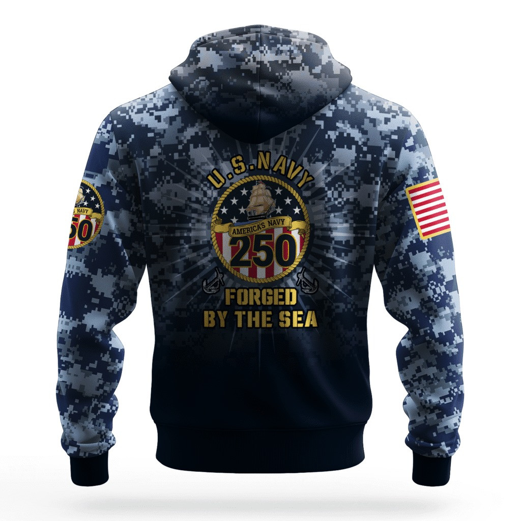 US Navy Forged By The Sea 250Th Anniversary Camo Hoodie 1775 2025 USN Navy Gifts For Sailor - Image 2