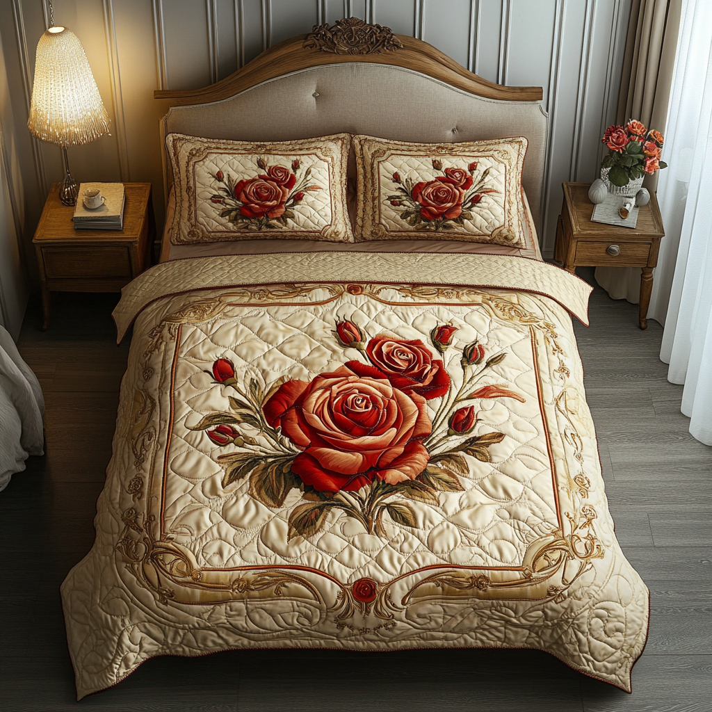 Vintage Rose Quilted Bedding Set Bed Room Decoration Christmas Gifts For Flower Lovers