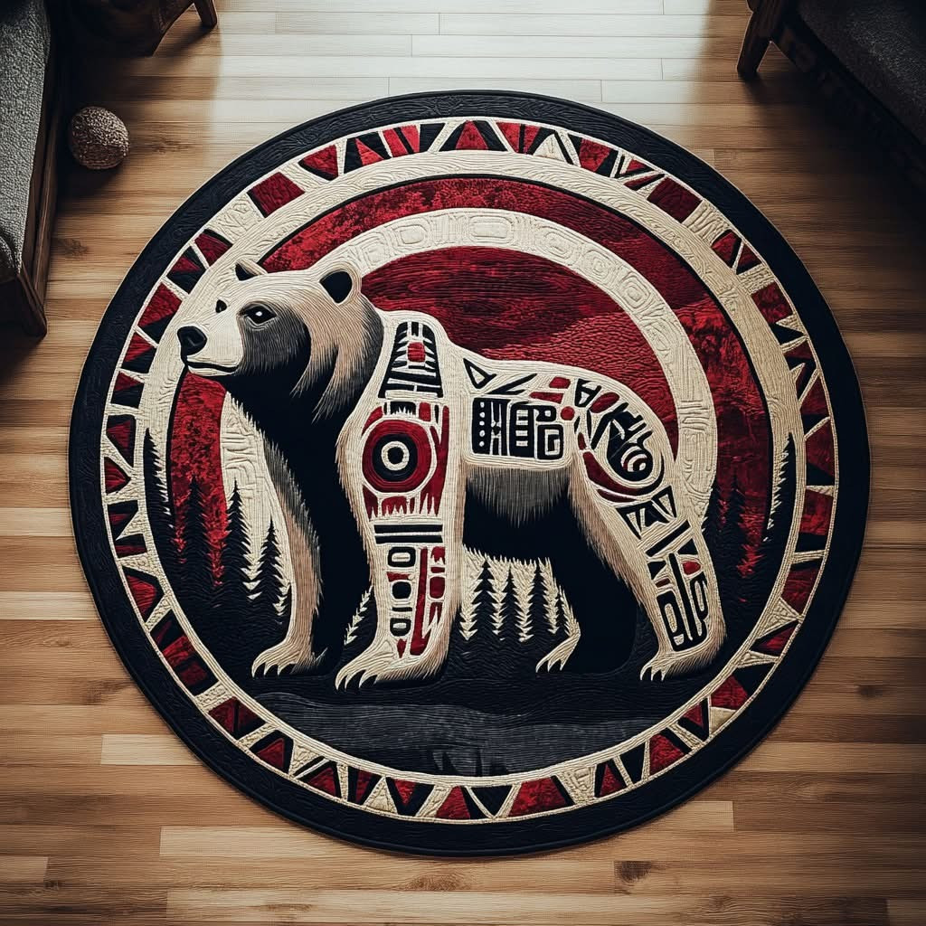 Warrior Bear Quilted Round Mat Indigenous Circle Mat Native American Gifts For Bears Lovers