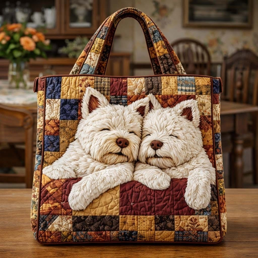Westie Duo Sleeping Quilted Tote Bag Cute Dog Patchwork Handbag Presents For Westie Lovers