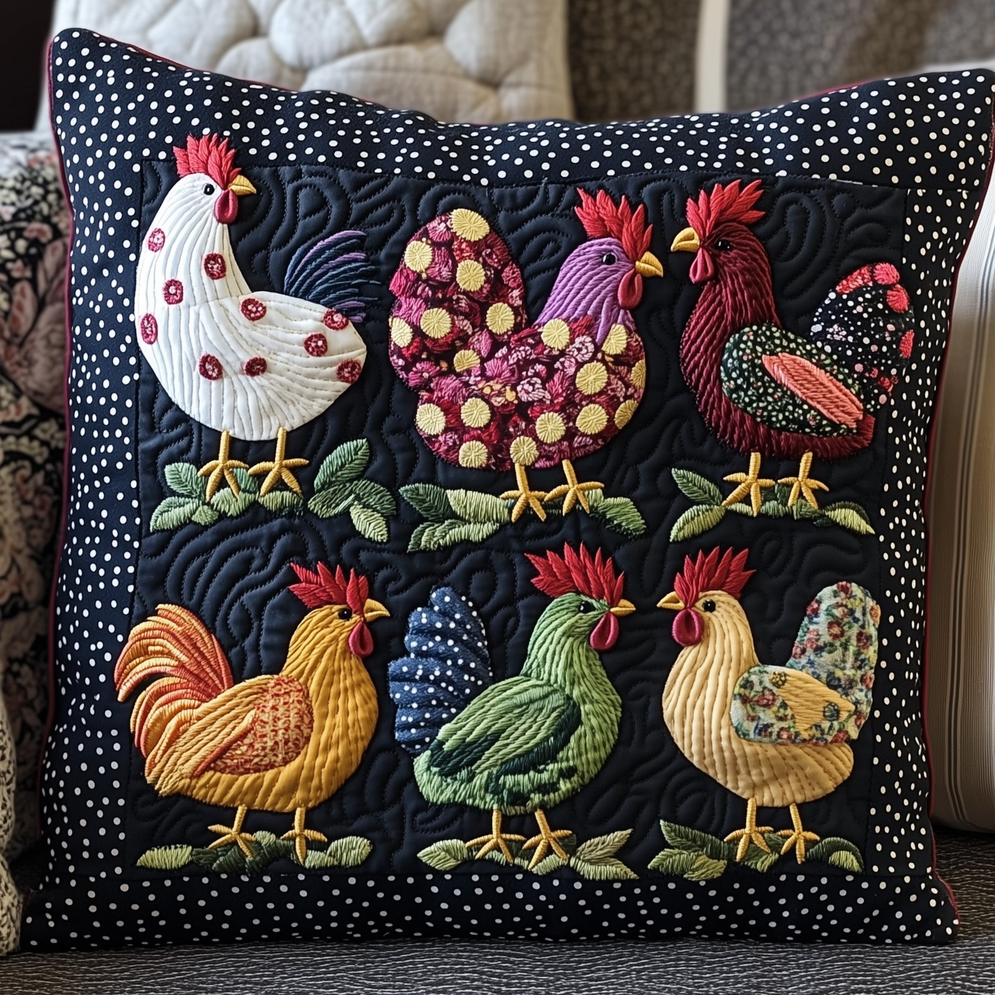Whimsy Chicken Quilted Pillow Case Decorative Pillow Cover MerchCute Chicken Gifts Christmas
