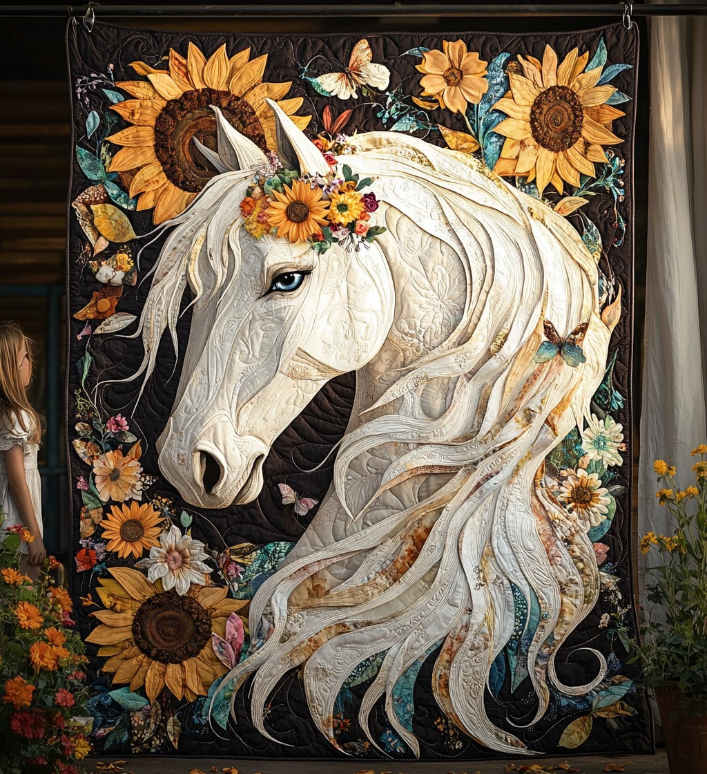 White Horse And Sunflower Quilted Blanket Ethereal Animal Throw Blanket Horse Lovers Gifts