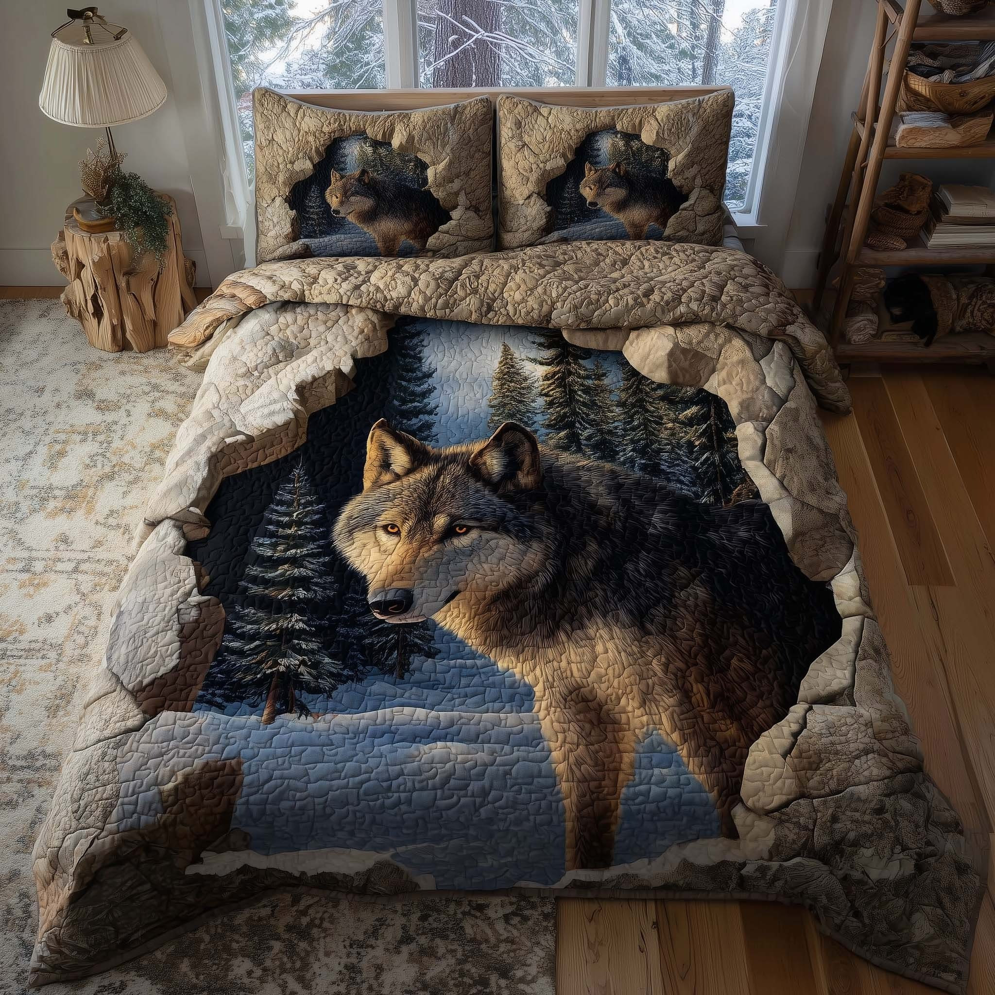 Wolf Lone Fang Quilted Bedding Set Winter Forest Duvet Cover Set Gifts For Wolf Lovers