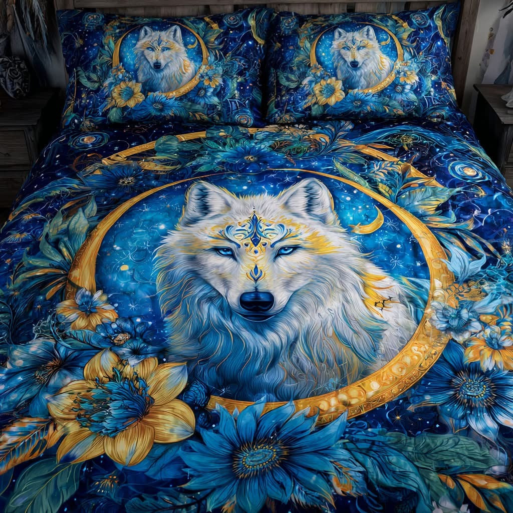 Wolf Path Quilted Bedding Set Mystical Wolf Galaxy Bedsheet Set Gifts For Wolf Lovers
