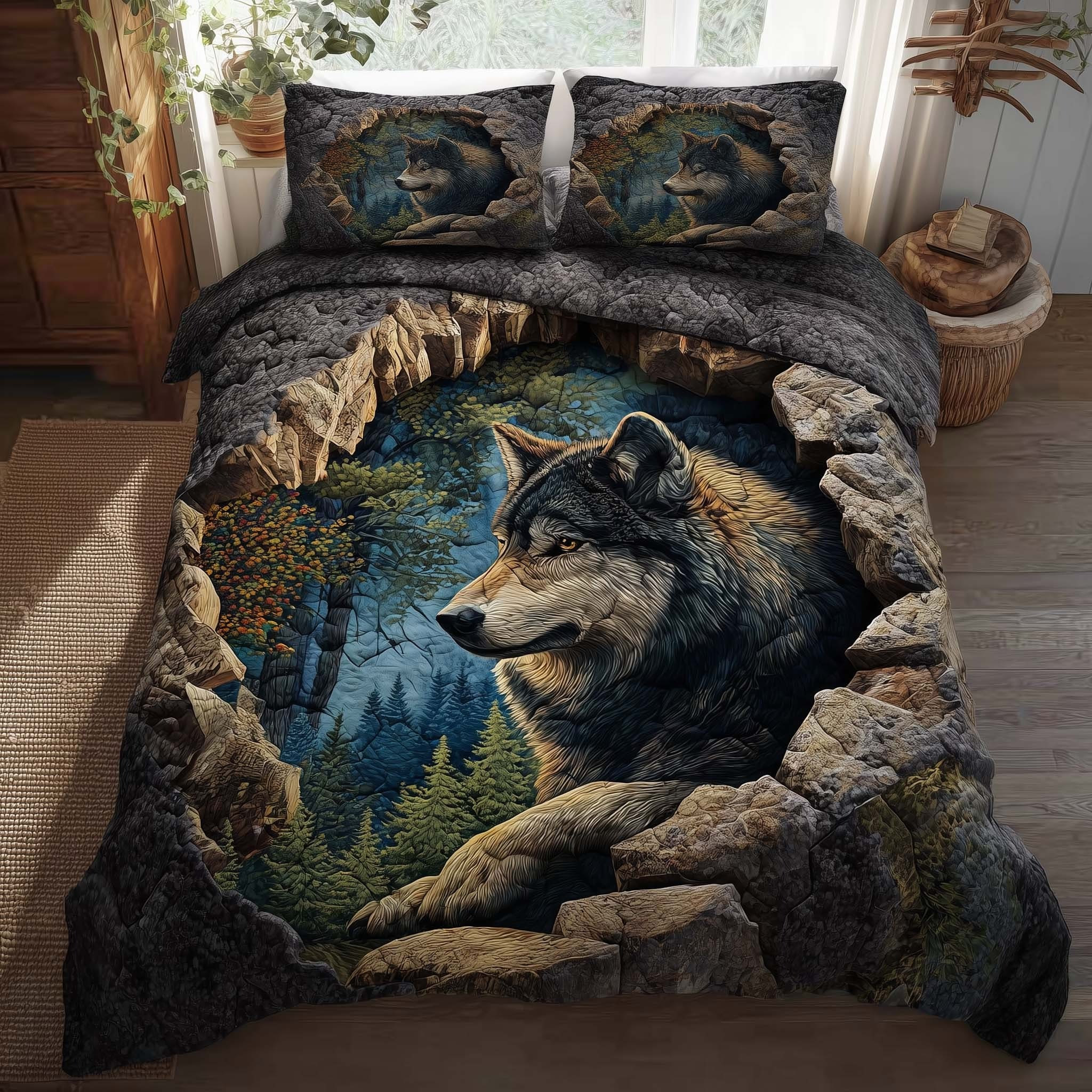 Wolf Quilted Bedding Set Wildlife Forest Duvet Cover Set Present For Wolf Lovers