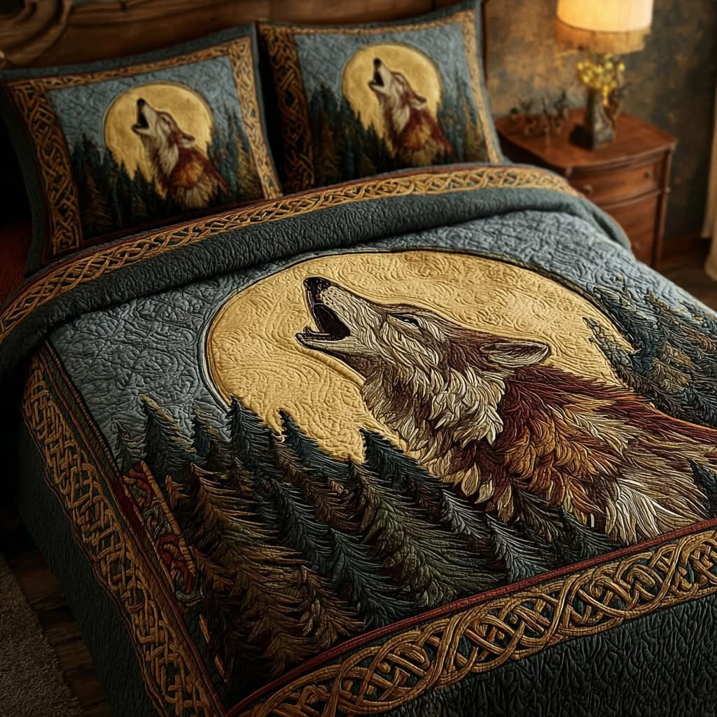 Wolf Shadow Quilted Bedding Set Rustic Wildlife Bedsheet Set Unique Gifts For Wolf Lovers