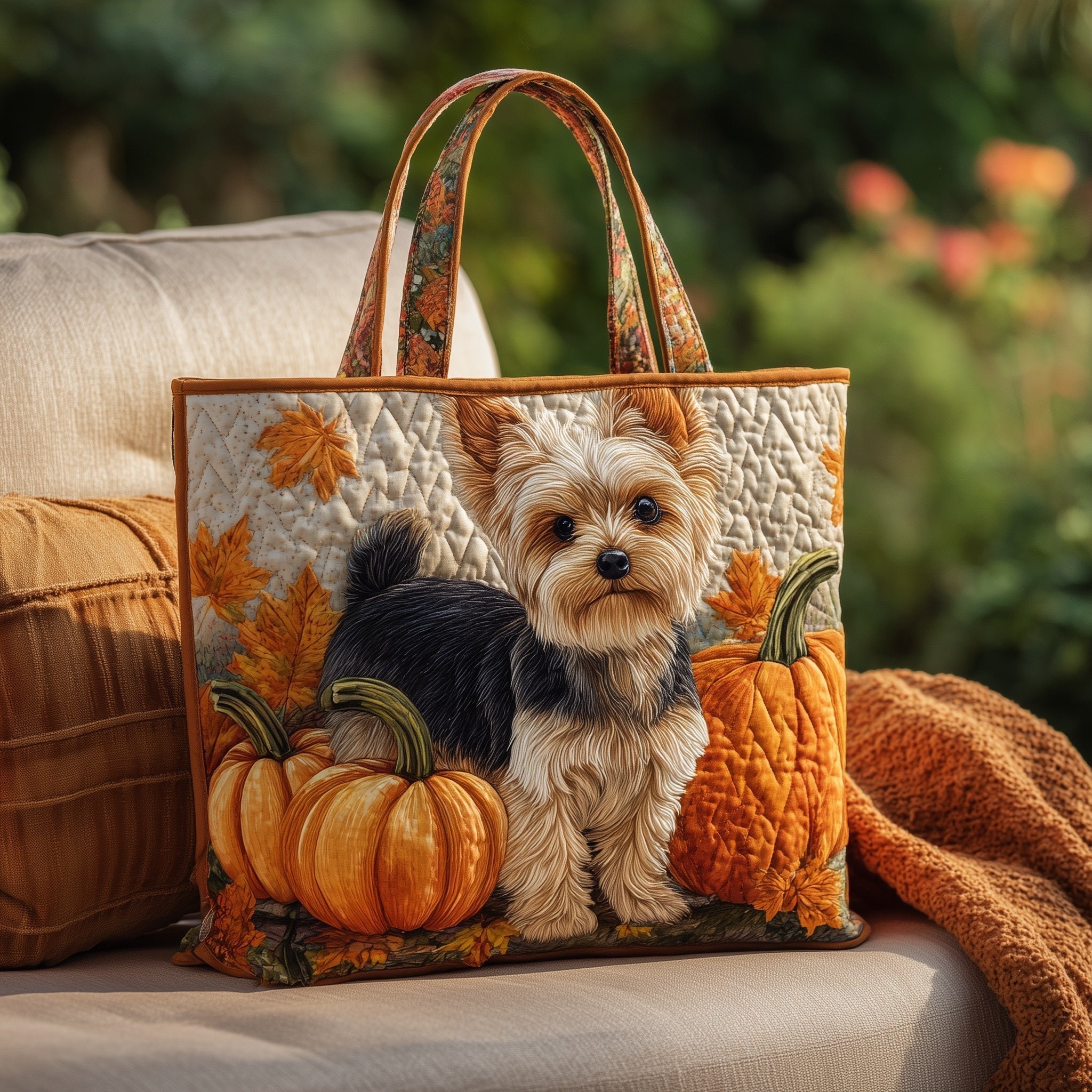 Yorkshire Autumn Quilted Tote Bag Cute Animal Shoulder Bags For Women Gifts For Yorkshire Lover