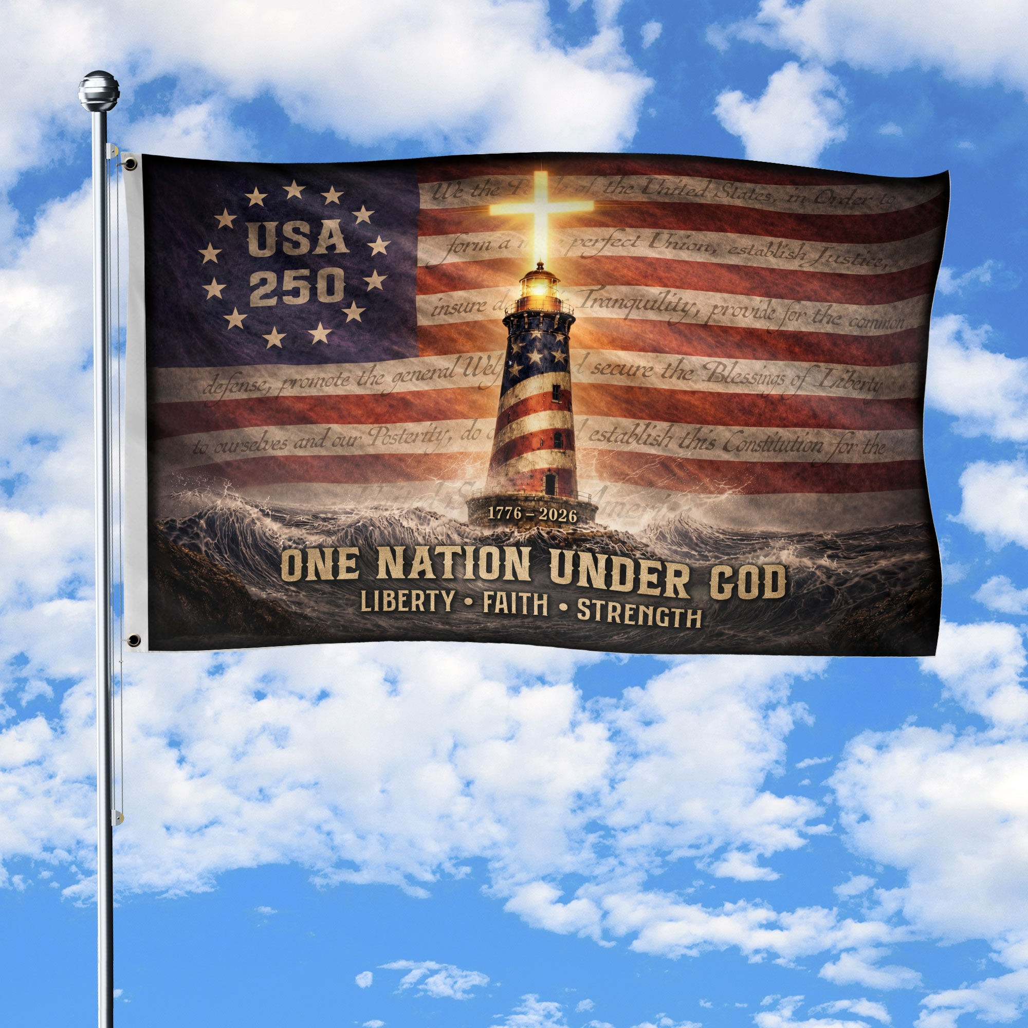250 Years Lighthouse Cross Flag 1776 2026 One Nation Under God Christian Patriotic