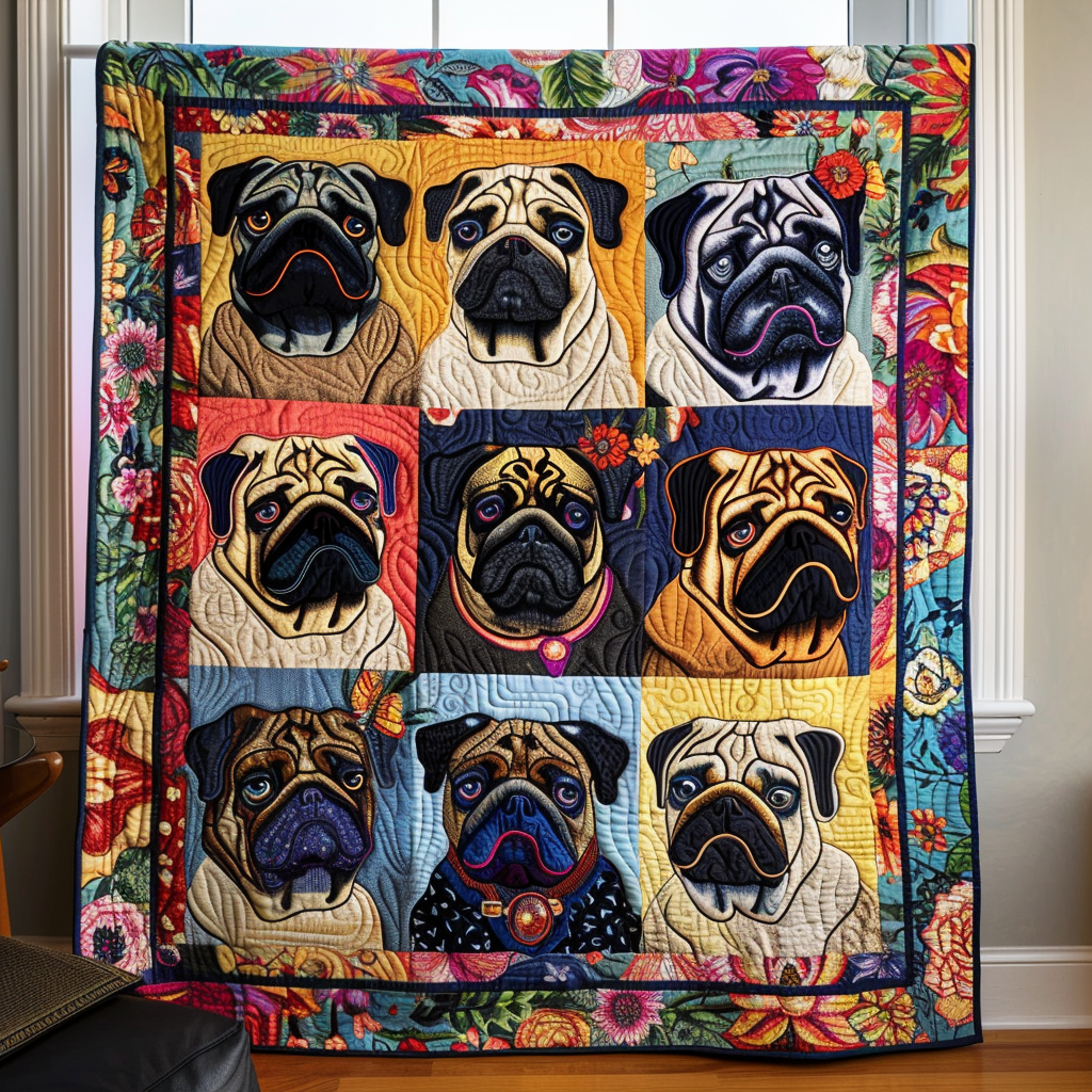 Adorable Baby Pugs Quilted Blanket Bed Bedding Set Presents For Pug Owners