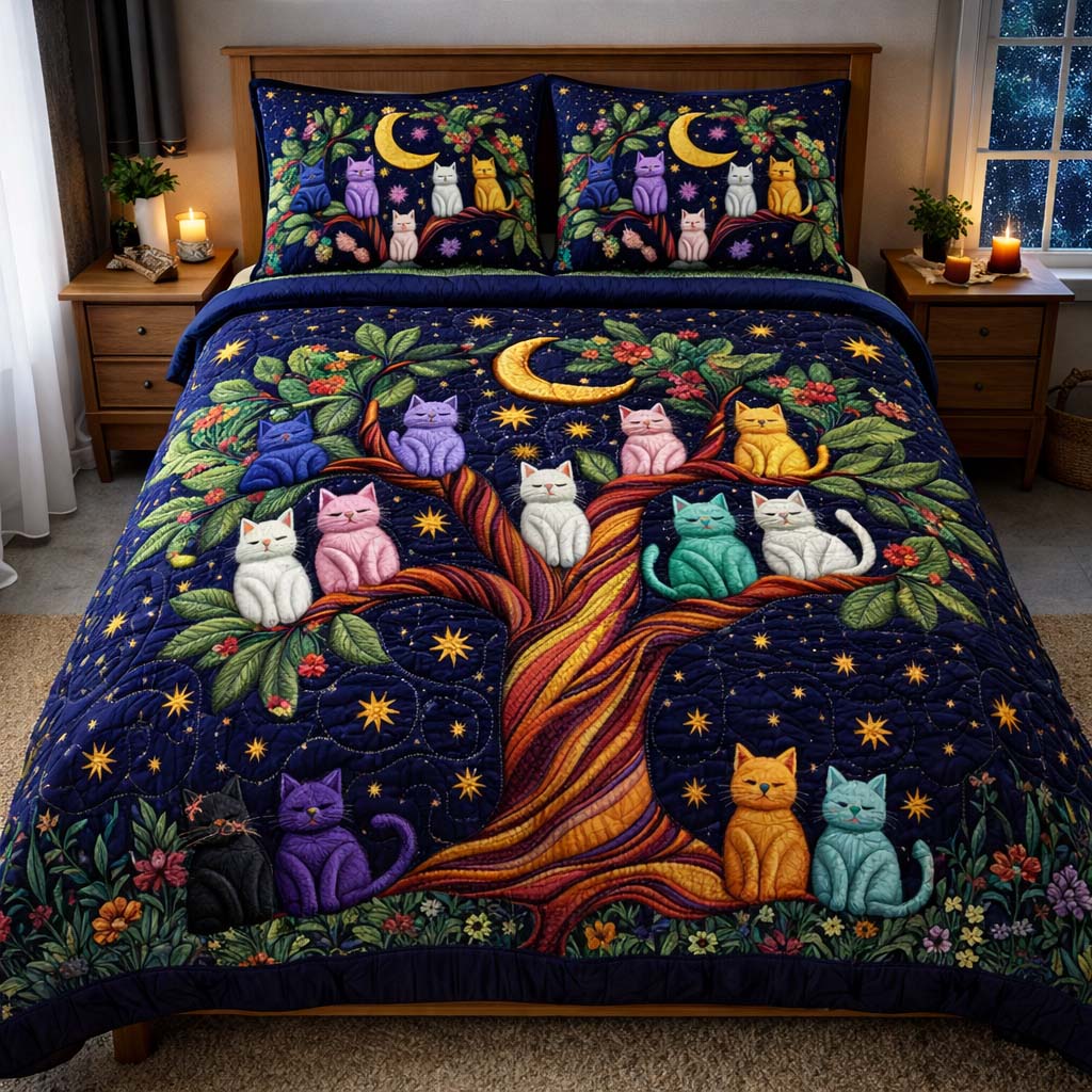 Adorable Cats Quilted Bedding Set Cat Lover Bedroom Decor Best Gift For Cat Owners