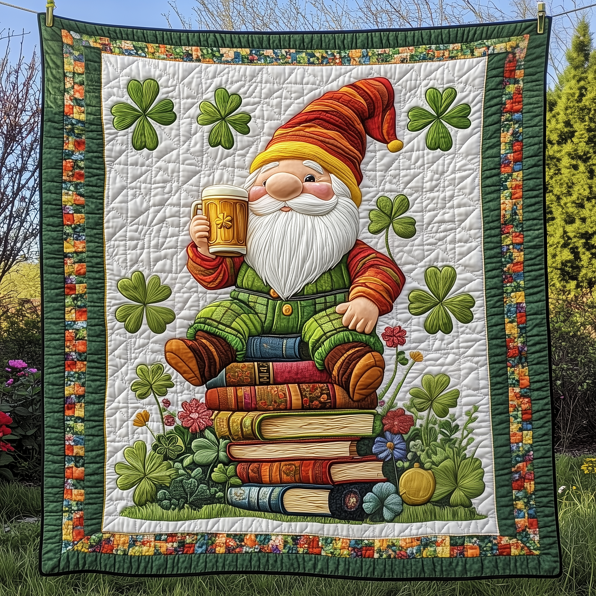 Adorable Irish Gnome Festive Theme Quilted Blanket St Patrick Day Holiday Christmas Gift Ideas