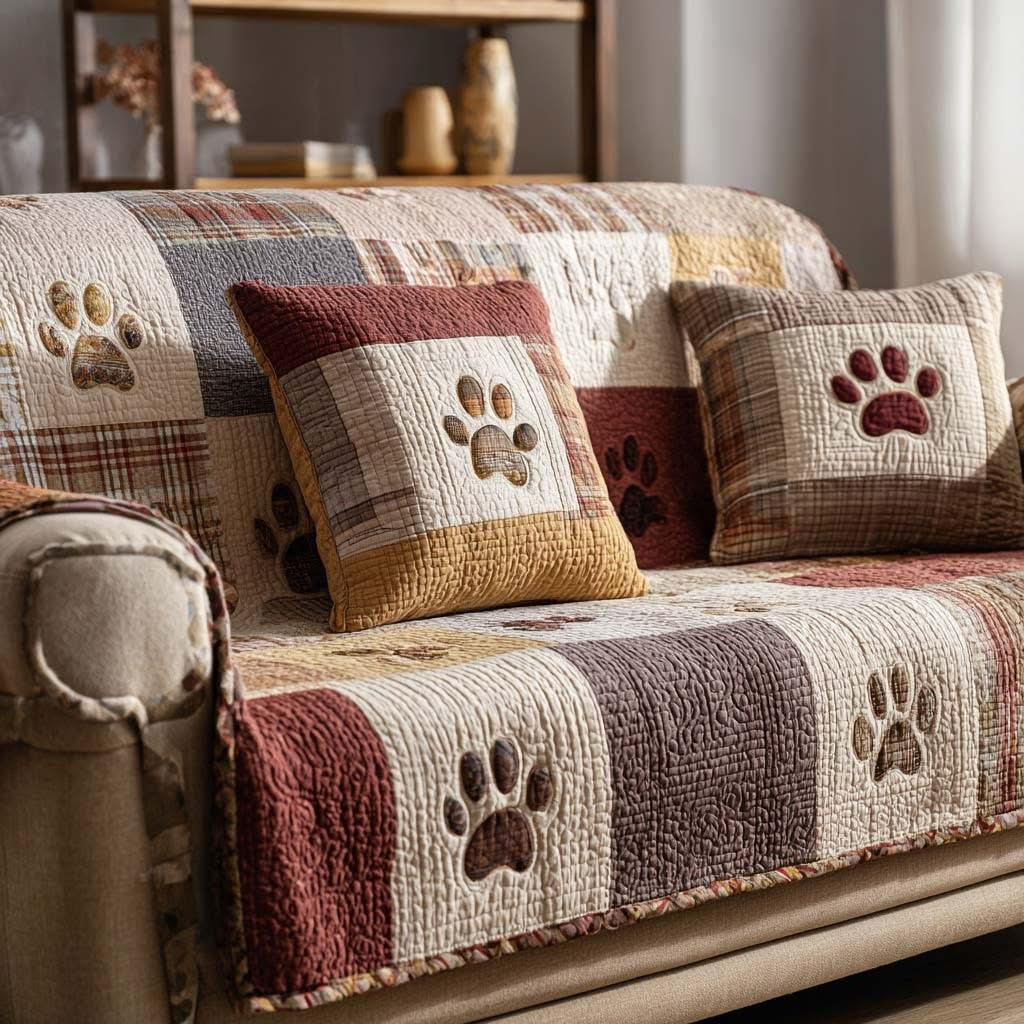 Adorable Paw Quilted Sofa Cover Rustic Patchwork Couch Cover Christmas Gifts For Pet Lovers