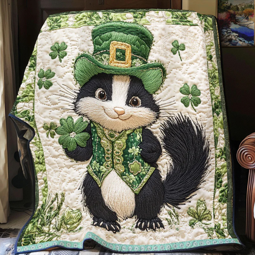 Adorable Skunk With Lucky Hat Quilt Blanket St Patrick's Day Gift For Irish