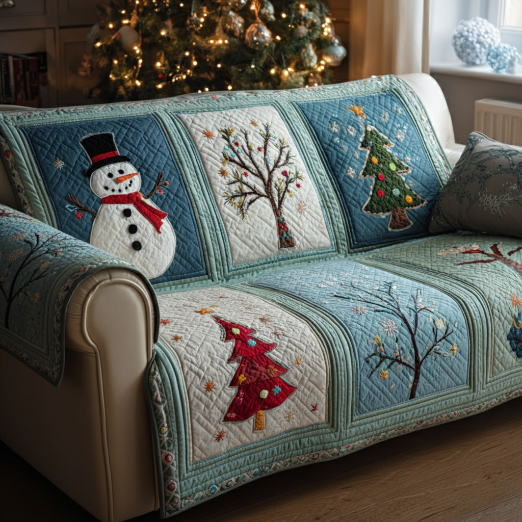 Alpine Snowman Trees Quilted Sofa Cover Christmas Couch Decor Best Christmas Gifts For Women