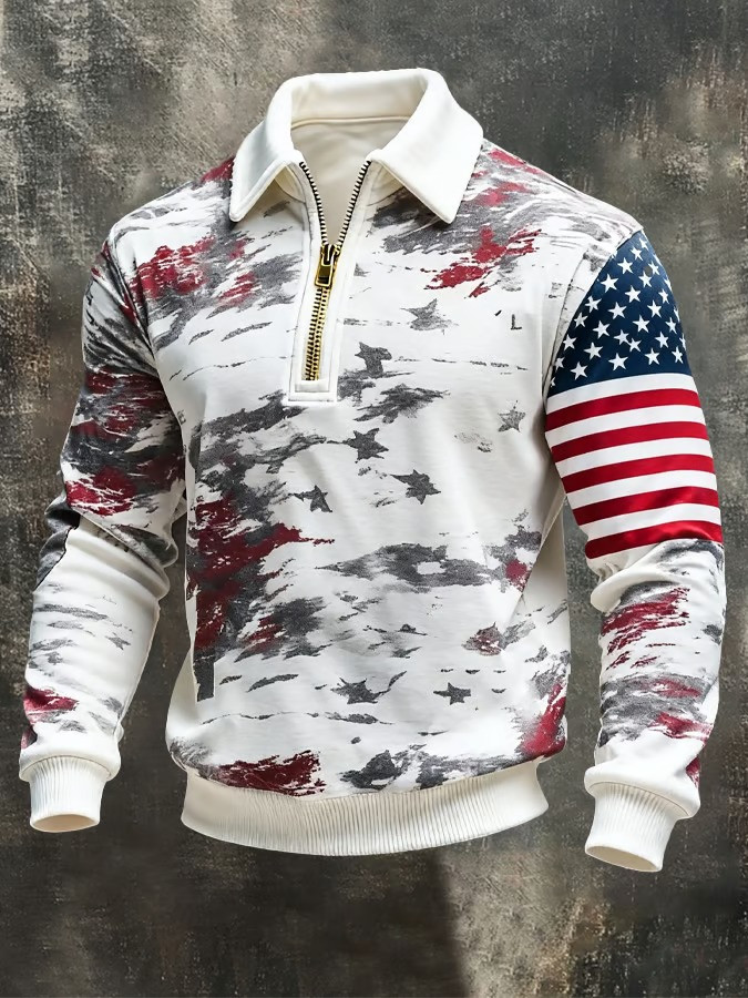 American Flag Camo Zip Polo Long Sleeve Shirt Patriotic Clothes 4Th Of July Gifts For Dad