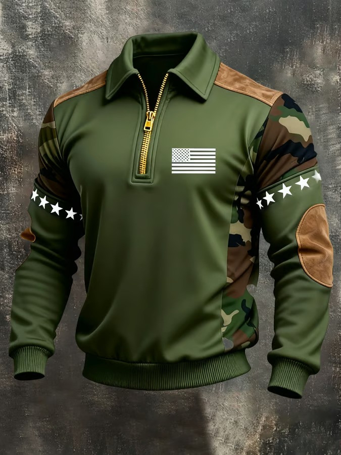 American Flag Military Camouflage Zip Polo Long Sleeve Shirt Army Veterans Apparel