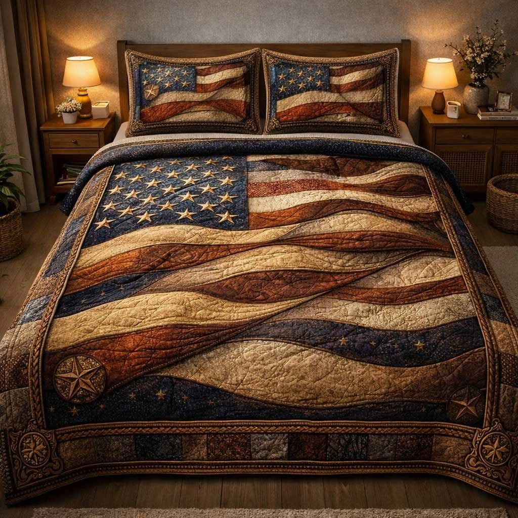 American Flag Quilted Bedding Set Independence Day Merch Gift For Women