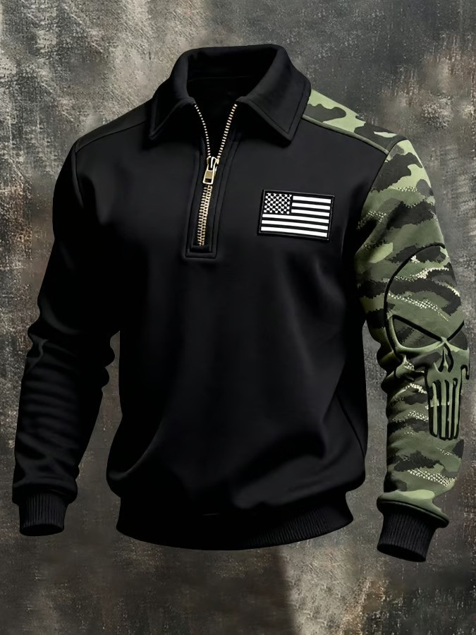 American Flag Skull Camouflage Zip Polo Long Sleeve Shirt Military Outfits Veterans Gifts