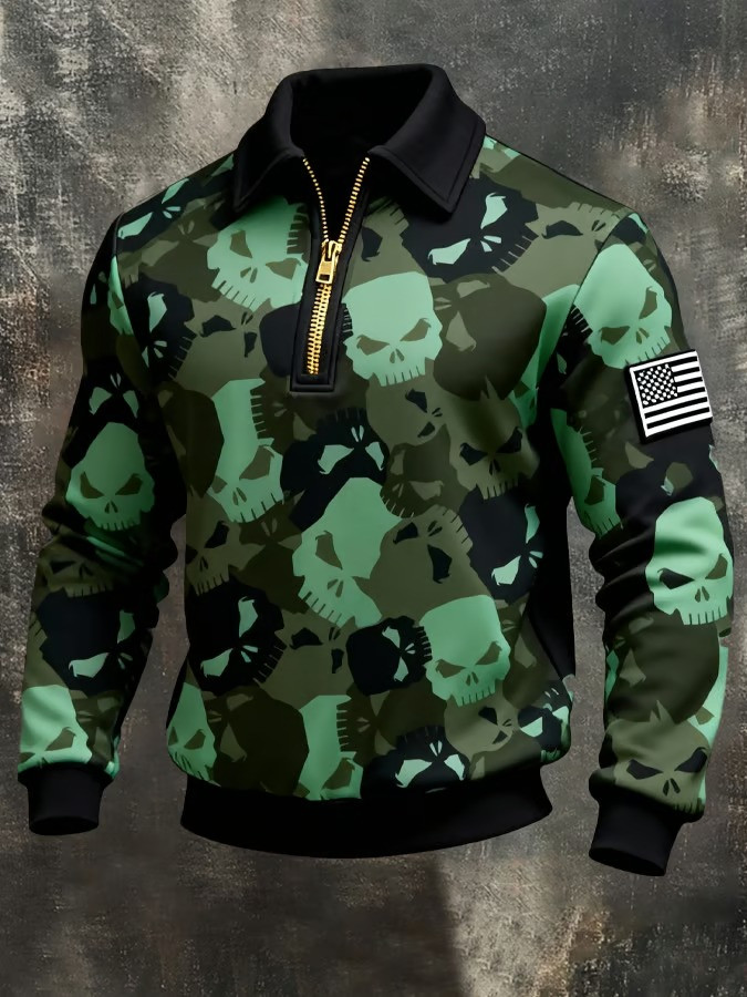 American Flag Skull Camouflage Zip Polo Long Sleeve Shirt Patriots Clothes Gifts Idea