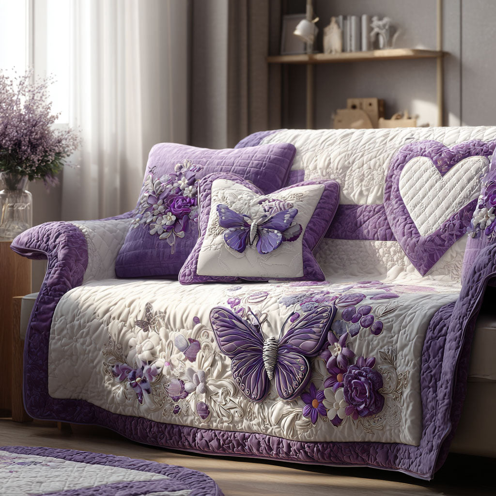 Amethyst Wings Quilted Sofa Cover House Decor Butterfly Themed Gift Items