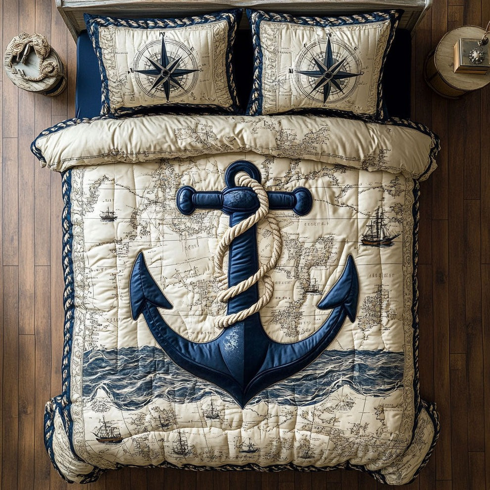 Anchor Bound By Tide Quilted Bedding Set Nautical Themed Duvet Cover Gift Items