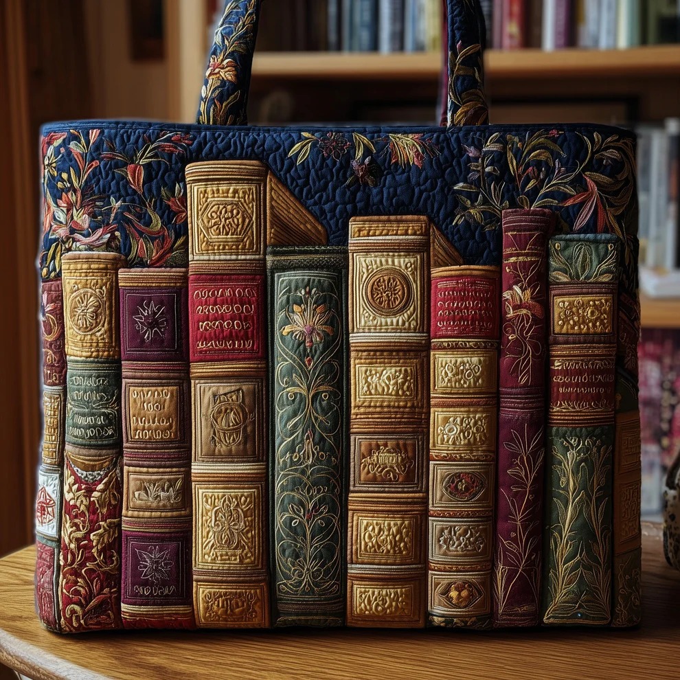 Antique Library Books Quilted Tote Bag Vintage Bookworm Literary Lover Botanical Nature Gift For Her