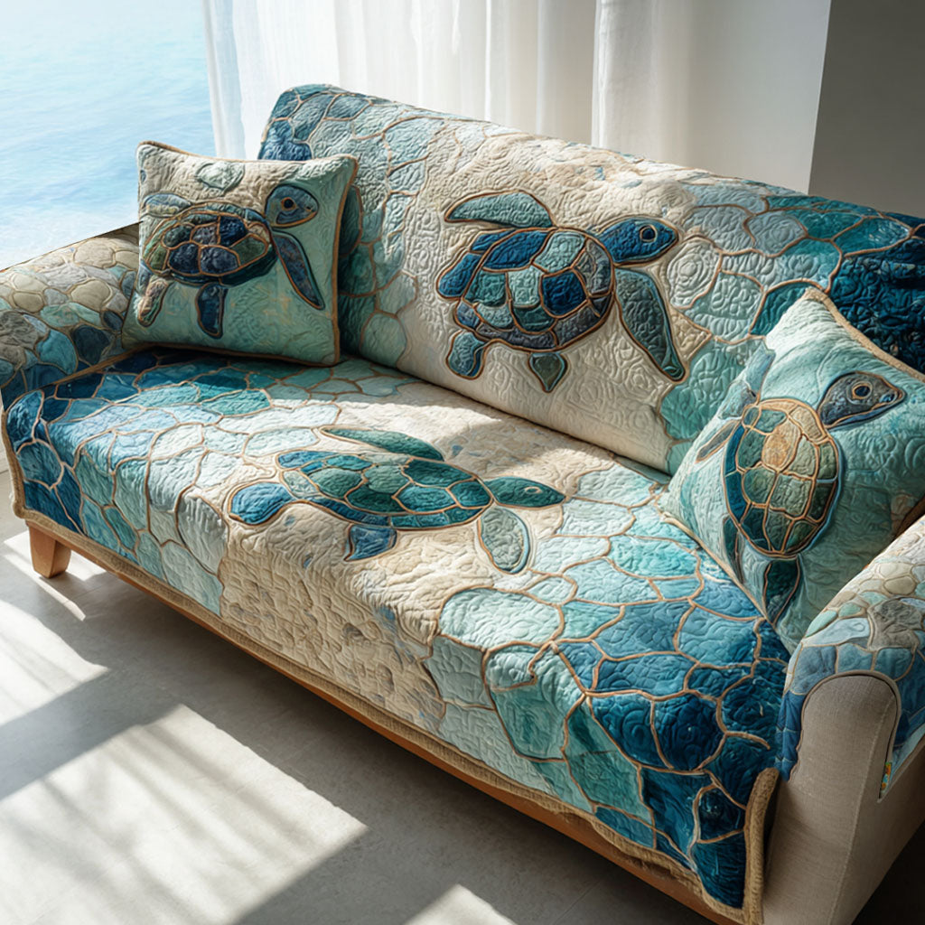 Aqua Mosaic Turtles Quilted Sofa Cover Sofa Chaise Cover Gift Ideas For Sea Turtle Lovers