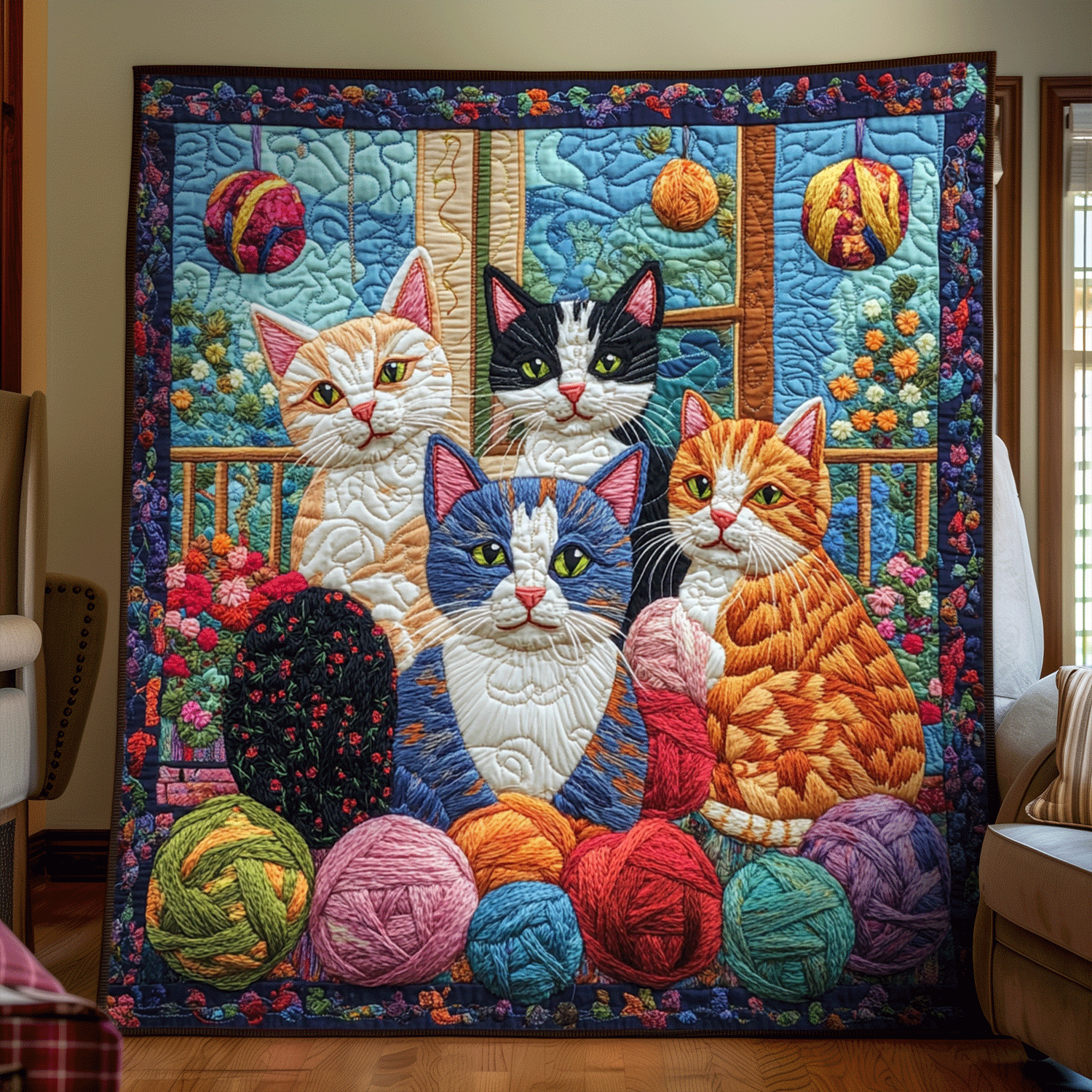 Artistic Cat-Themed Quilted Blanket Best King Sheets Good Gifts For Cat Lovers