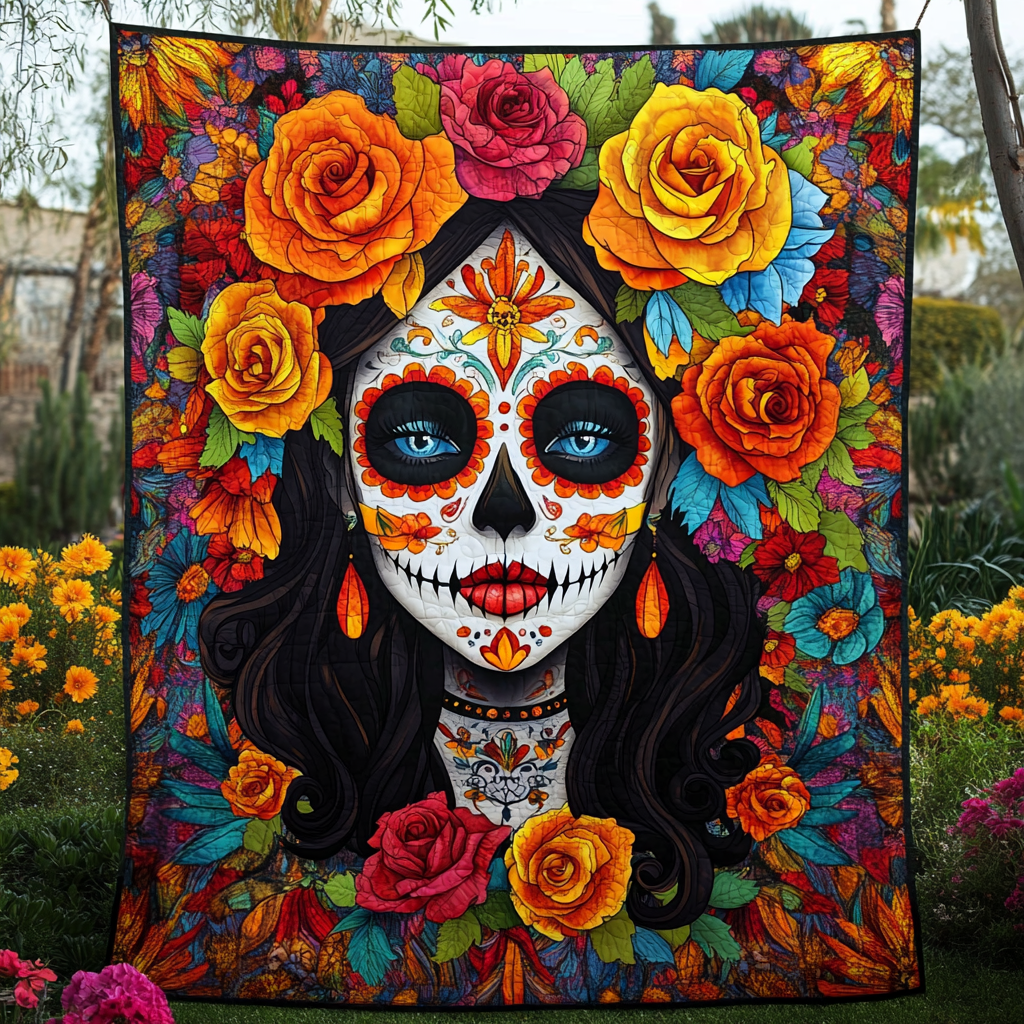 Artistic La Catrina Quilted Blanket Best Bedding Comforter Sets Day Of The Dead Gift Ideas