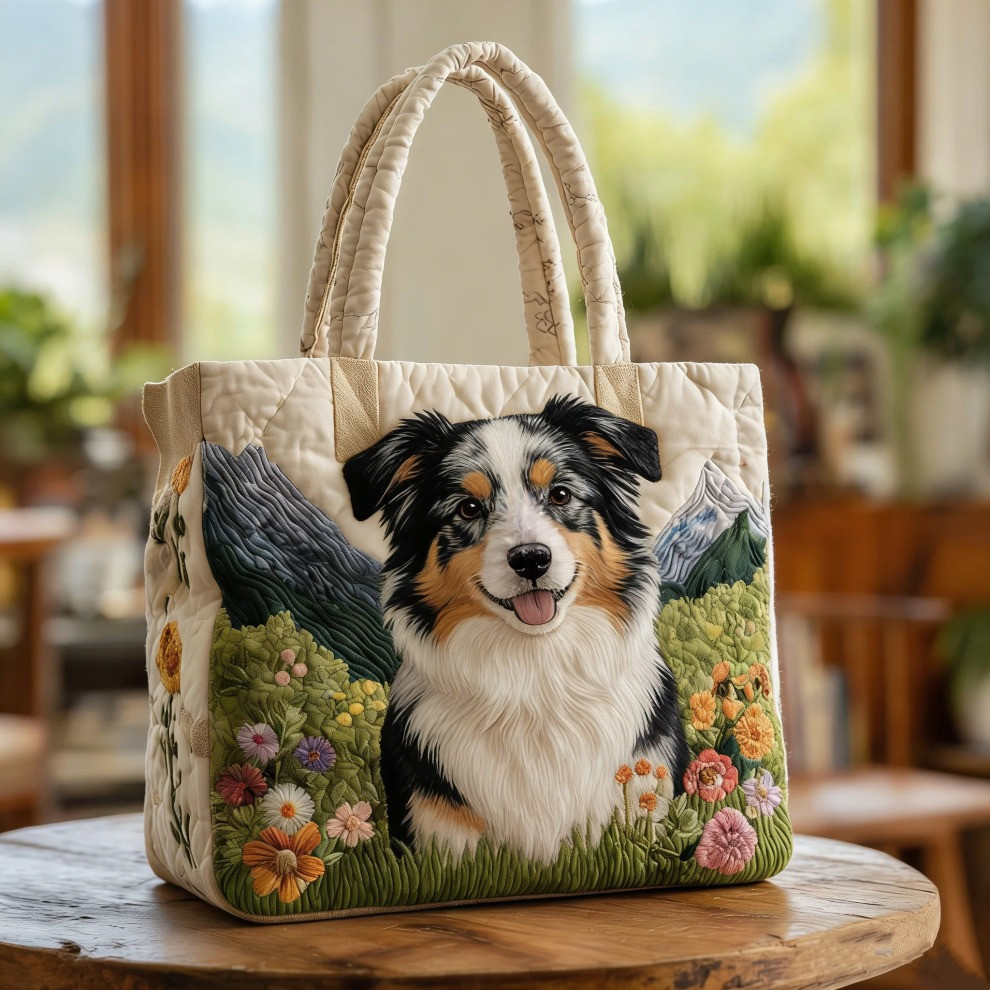Australian Shepherd Quilted Tote Bag Cute Animal Floral Bag Presents For Dog Lovers