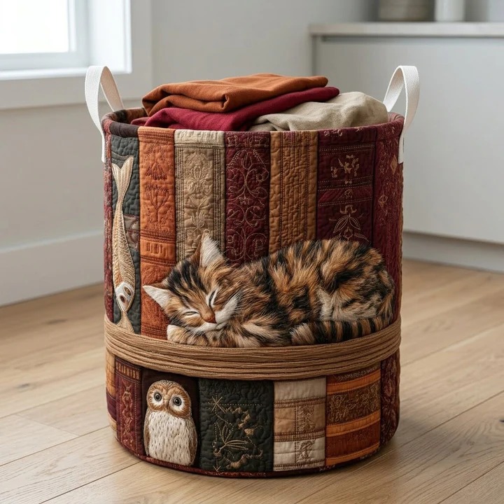 Autumn Cat Owl Books Quilted Laundry Basket Cozy Fall Home Decor Best Gift For Cat And Book Lovers