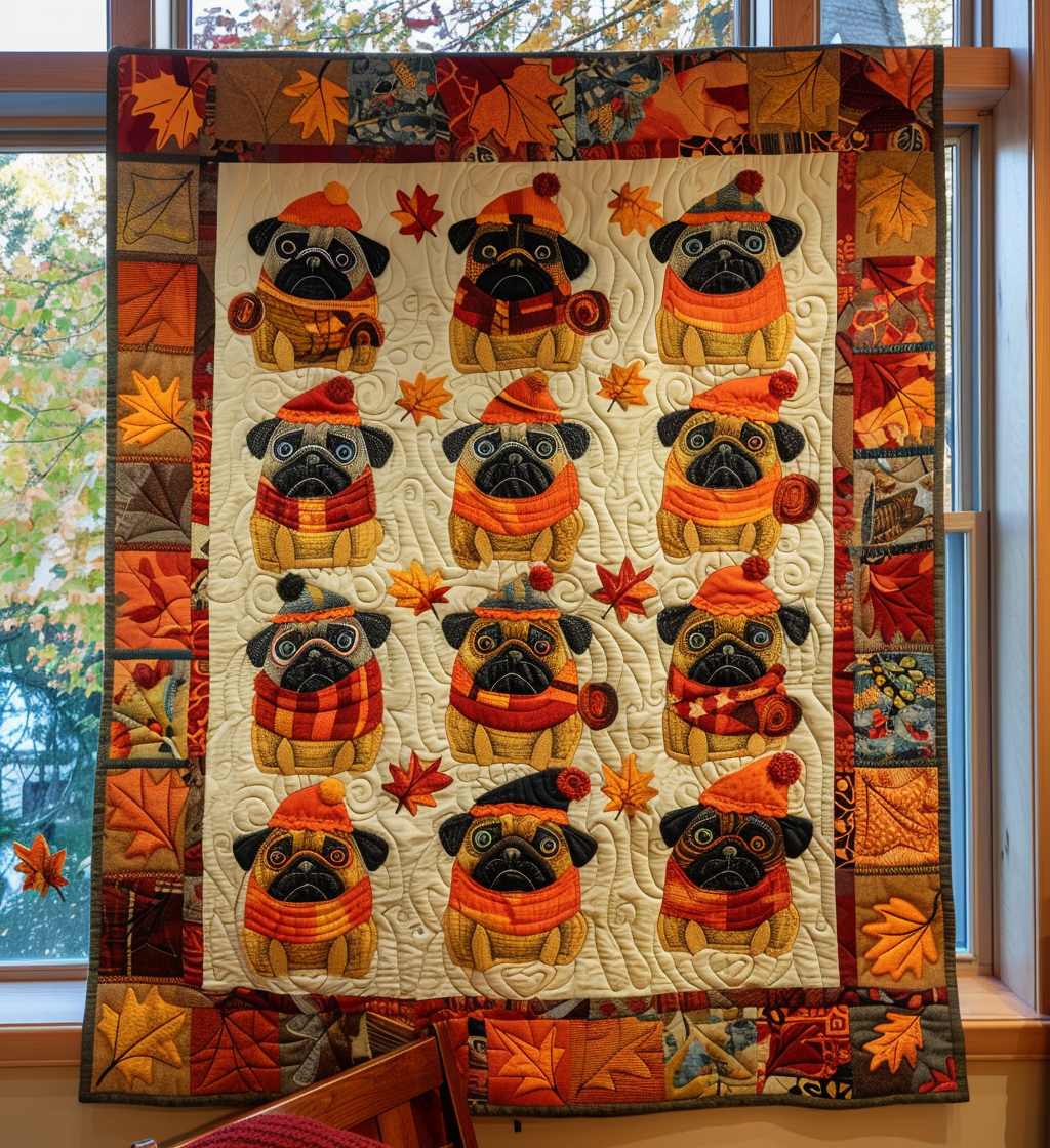 Autumn Vibe Pugs Quilted Blanket Bedspread Quilts Gift For Pug Lover