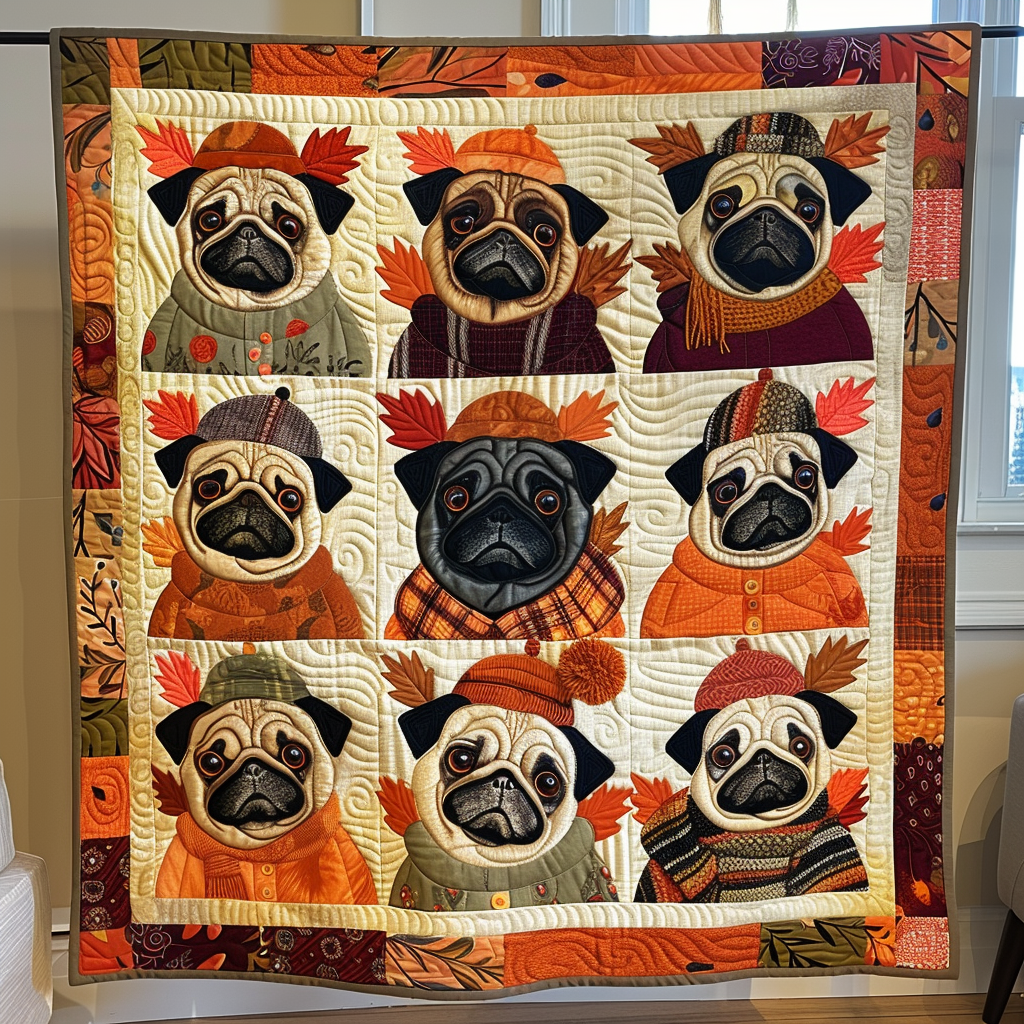 Autumn Vibe Pugs Quilted Blanket Over The Bed Decor Presents For Pug Owners