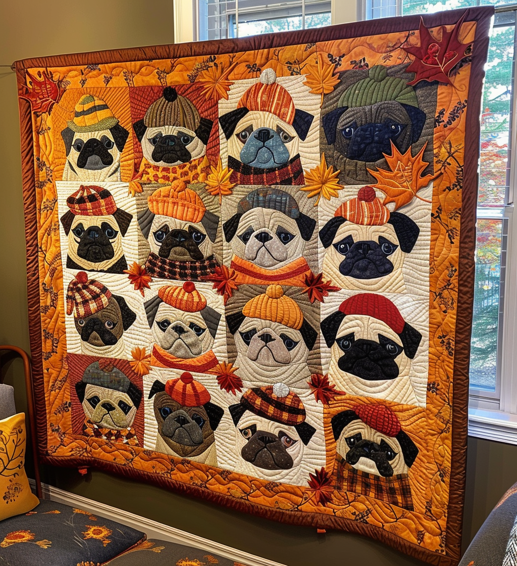 Autumn Vibe Pugs Quilted Blanket Quilt Comforter Sets Gifts For Pug Owners