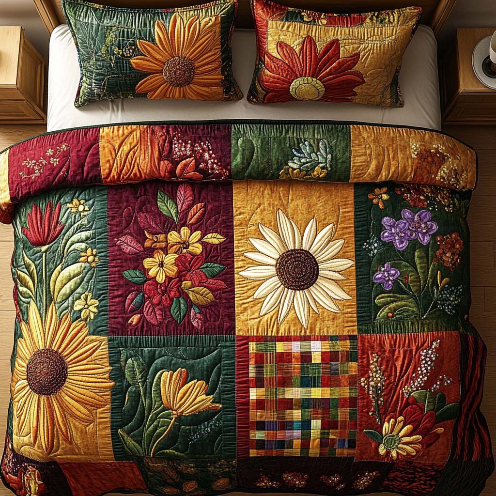 Autumn Wildflower Path Quilted Bedding Set Fall Floral Bedroom Decor Gift For Nature Lovers