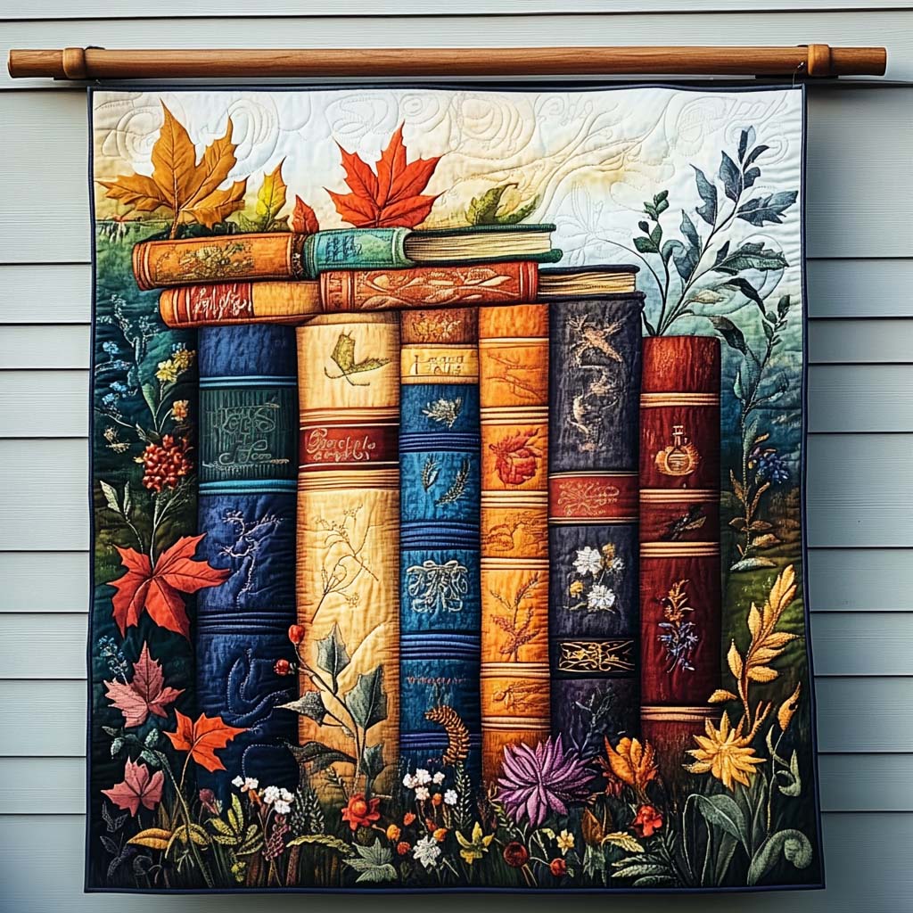 Autumnal Bookshelf Quilted Blanket Queen Bed Set Good Gifts For Readers