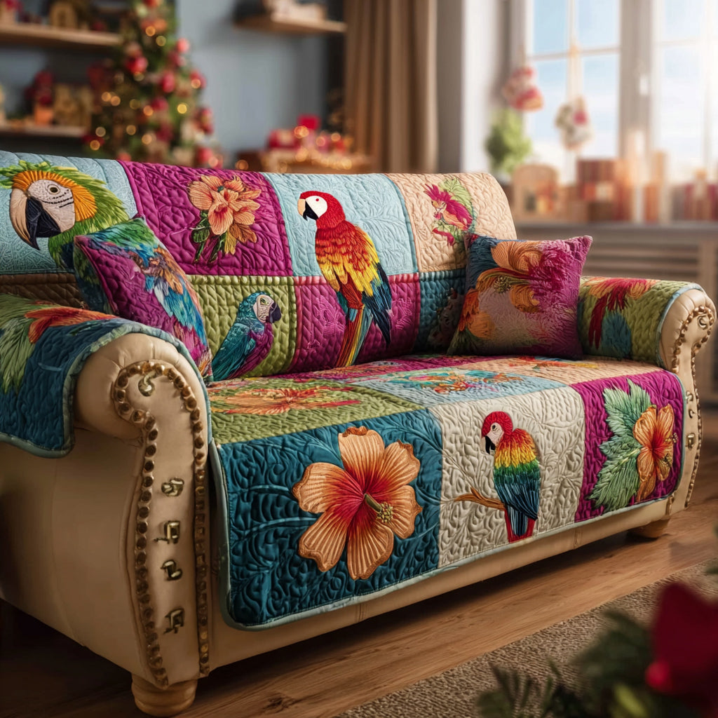 Azure Parrot Haven Quilted Sofa Cover Slipcover Sofa Parrot Gifts Presents