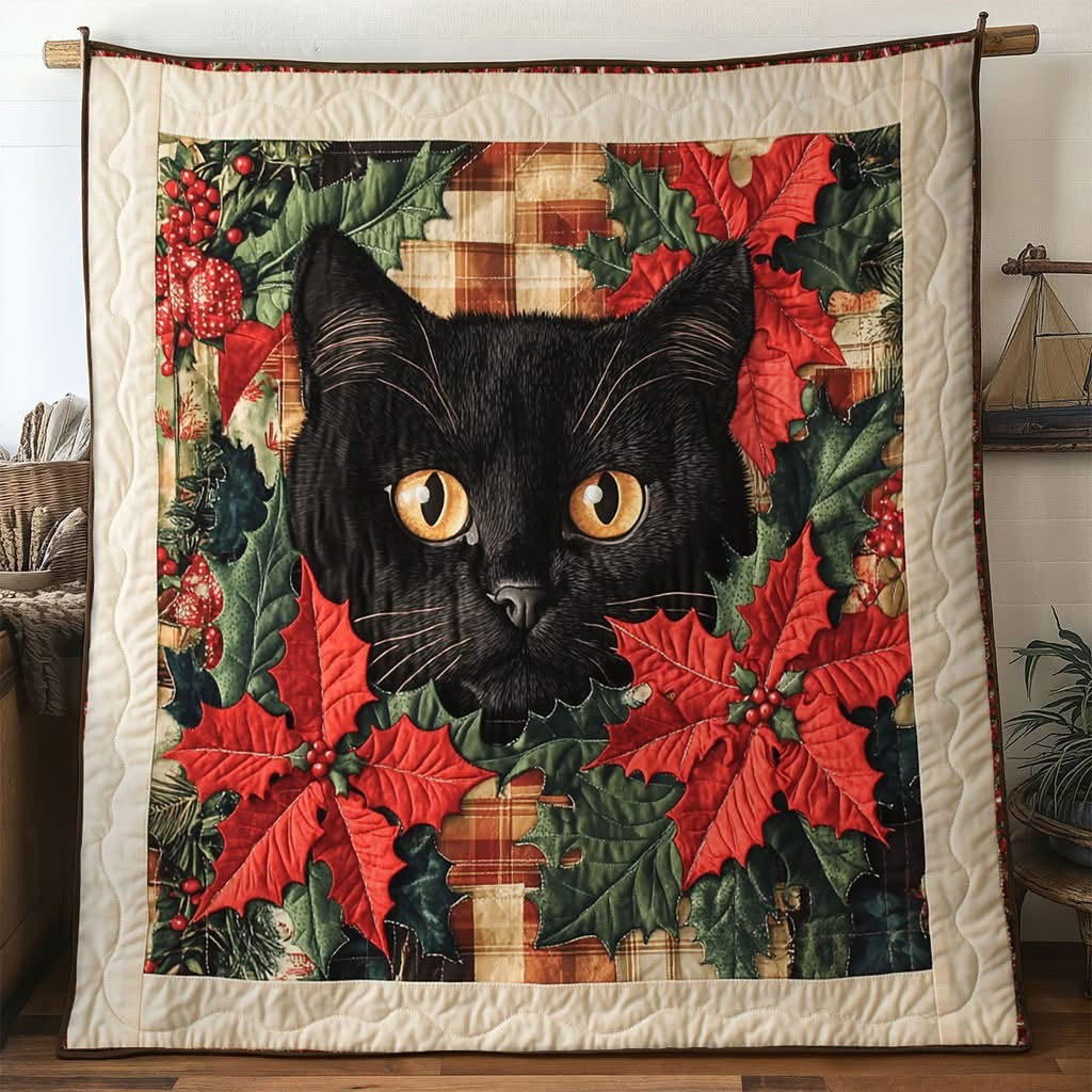 Back Cat Poinsettia Christmas Quilt Blanket Cute Merch Christmas Gift Ideas For Cat Lovers
