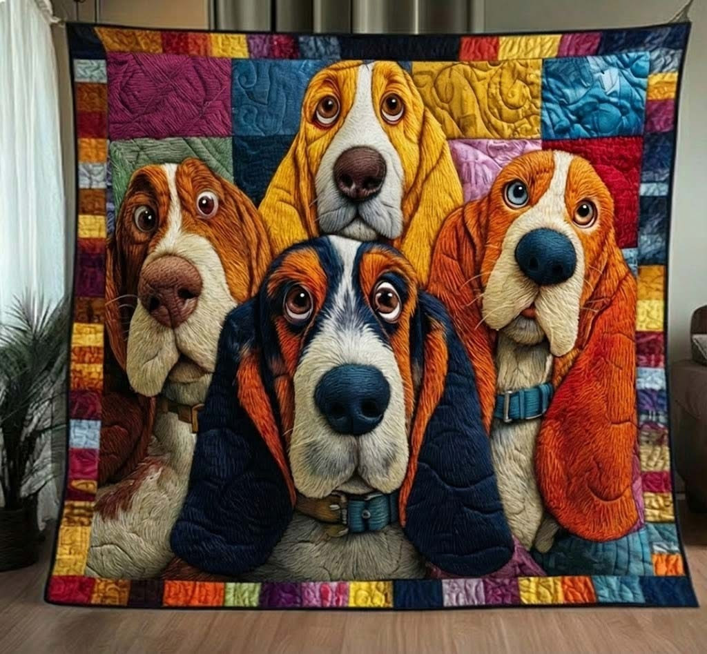 Basset Hound Colorful Quilted Blanket Cute Basset Hound Merchandise Gifts Items For Owners