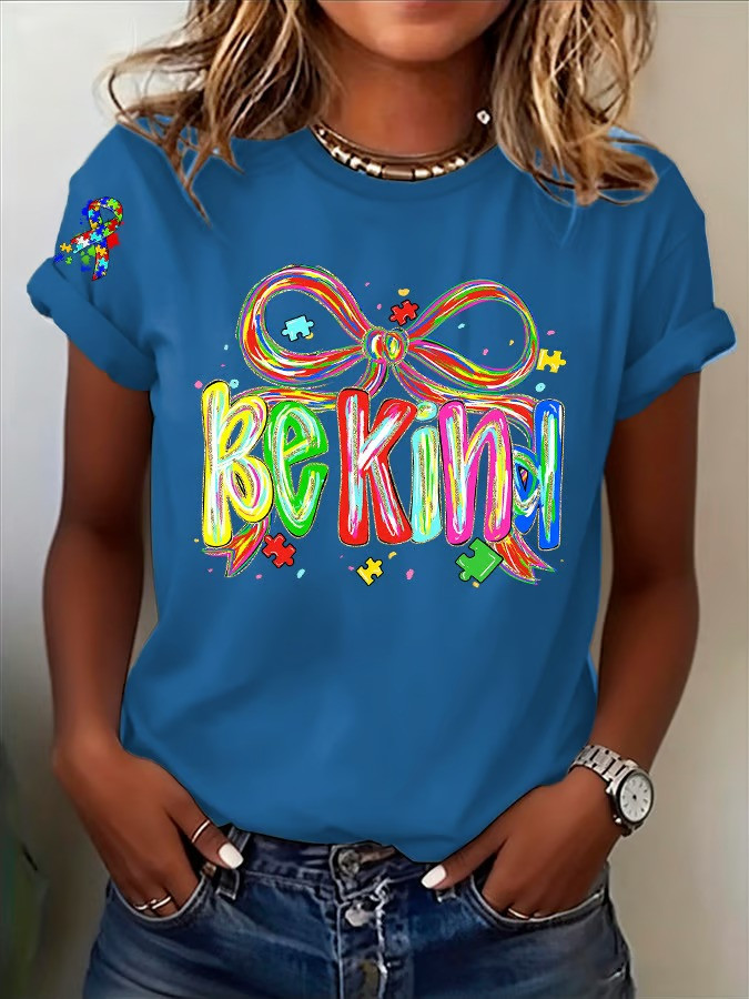 Be Kind Puzzle Bow Autism Awareness T-Shirt Ribbon Acceptance Month Clothing Best Gift For Mothers - Image 2