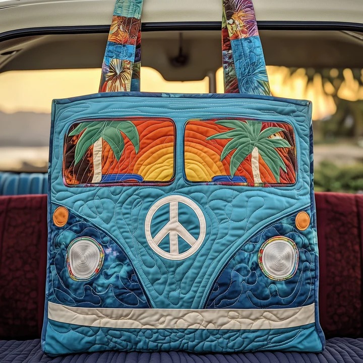 Beach Hippie Van Quilted Tote Bag Tropical Palm Tree Bag Best Gift For Beach Lovers