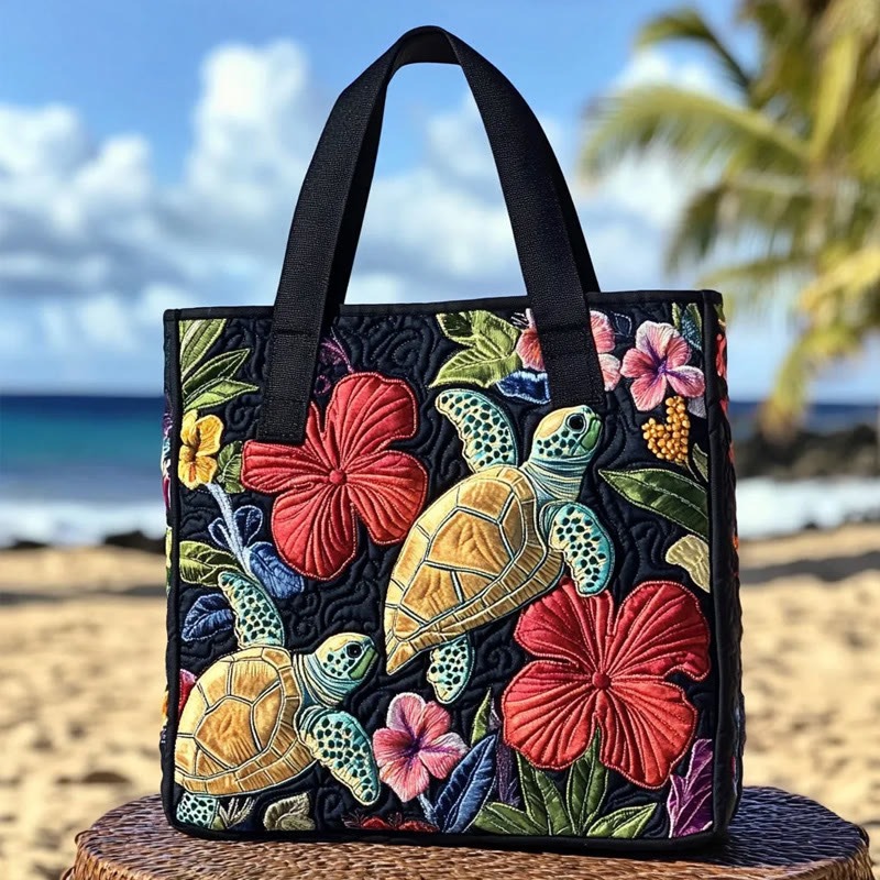Beach Tropical Flower Turtle Pattern Quilted Tote Bag Best Shoulder Bag For Travel Gift For Her