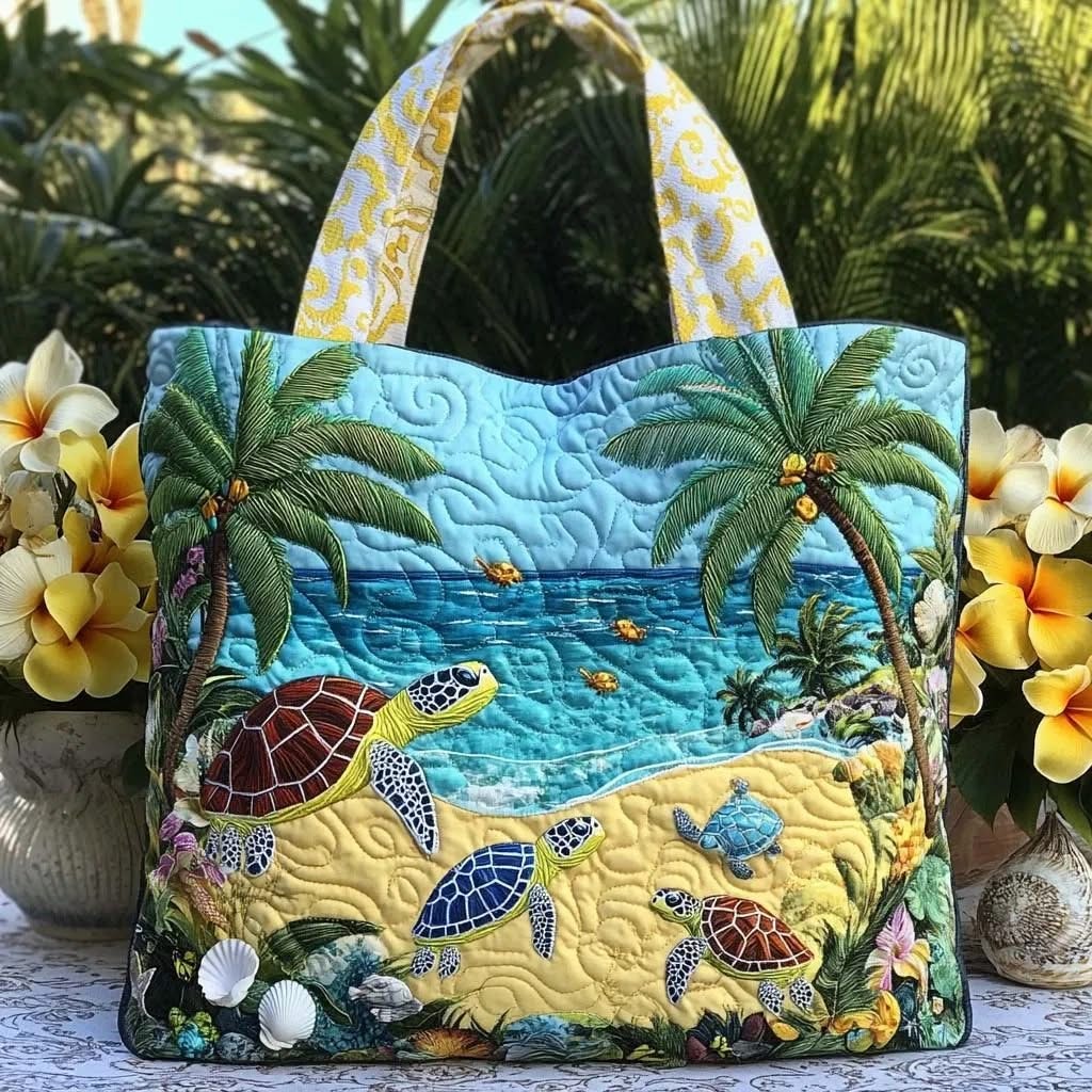 Beach Turtle And Seashell Patchwork Pattern  Quilted Tote Bag Best Bag For Travel Gift For Her