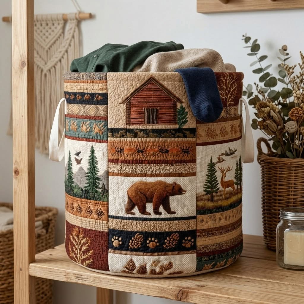 Bear Cabin Wilderness Quilted Laundry Basket Rustic Outdoor Home Decor Best Gift For Nature Lovers