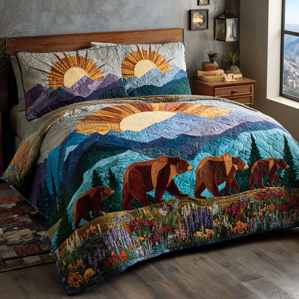 Bear Forest Dream Quilted Bedding Set Rustic Mountain Scene Bed Decor Gifts For Dad