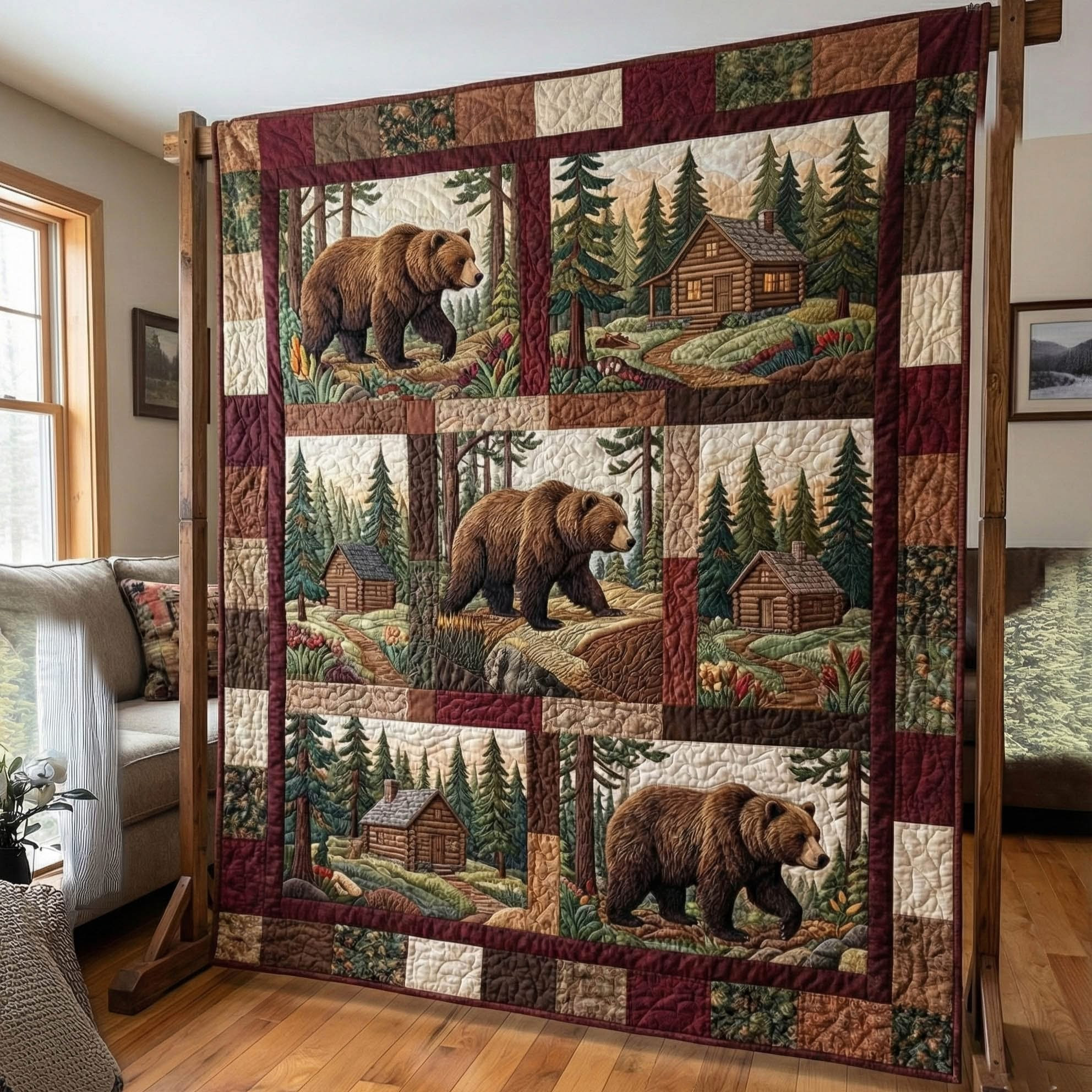 Bear Haven Log Cabin Patchwork Quilted Blanket Bear Themed Gifts Items Merchandise