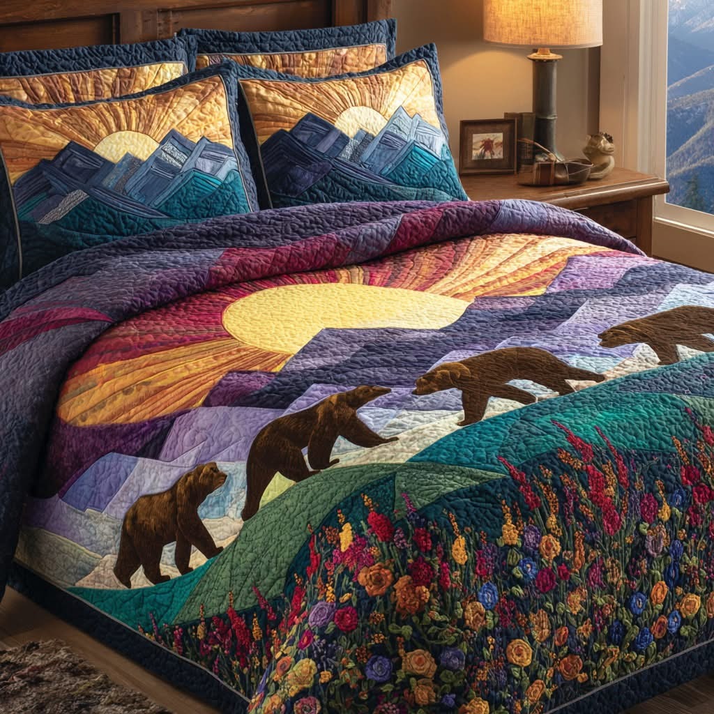 Bear Mountain Quilt Bedding Set Wildlife Scene Bedspread Set Gift For Nature Lover