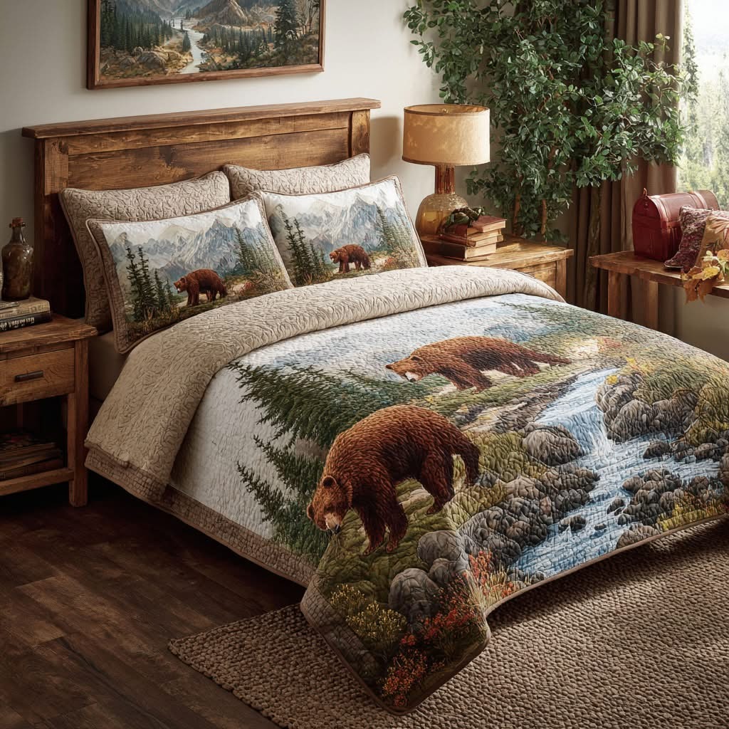 Bear Quiet Woods Quilted Bedding Set Rustic  Duvet Cover Bedspread Set Gifts For Bear Lover