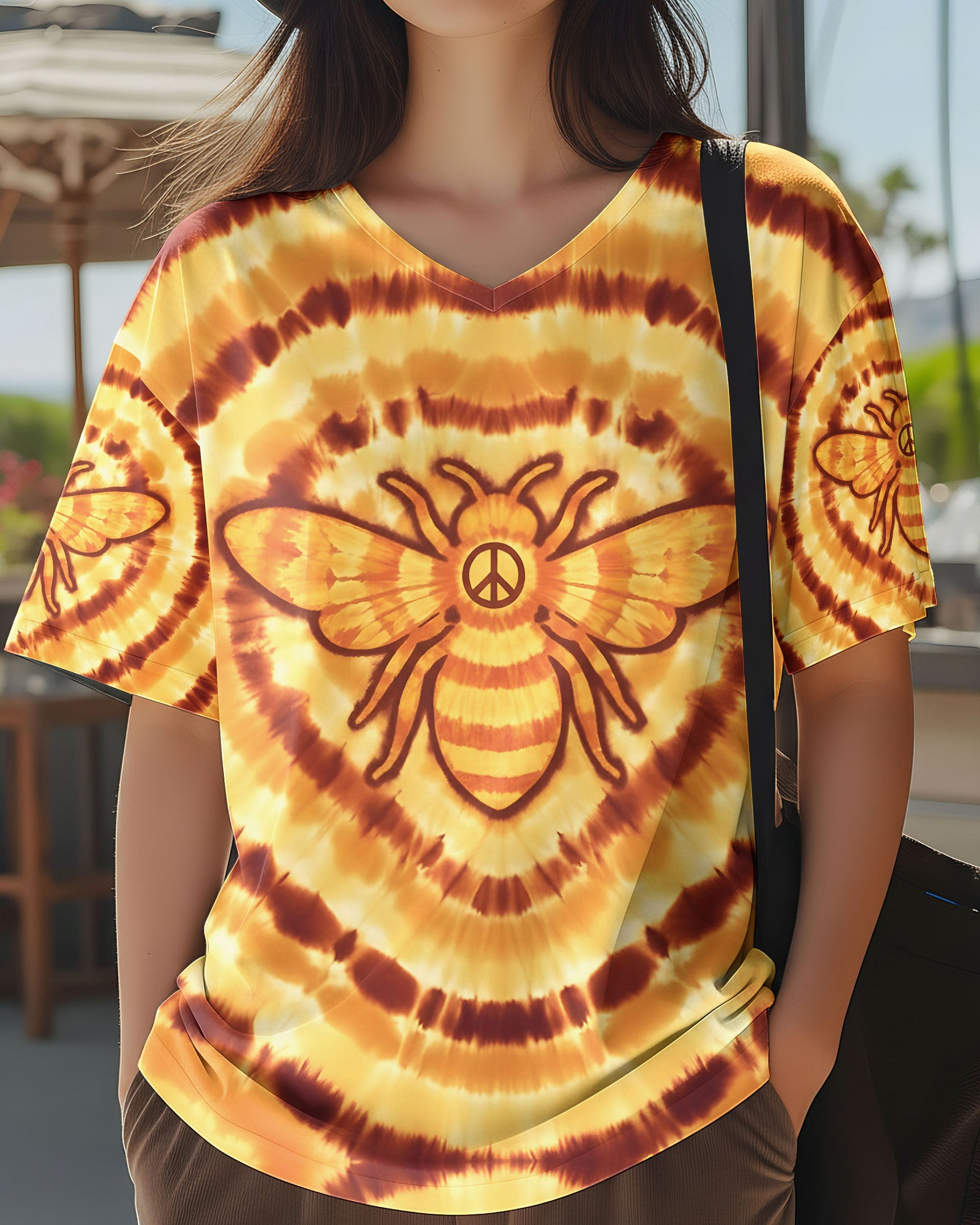 Bee Hippie Yellow Tie Dye V-Neck T-Shirt Clothes Unique Gifts For Best Friends