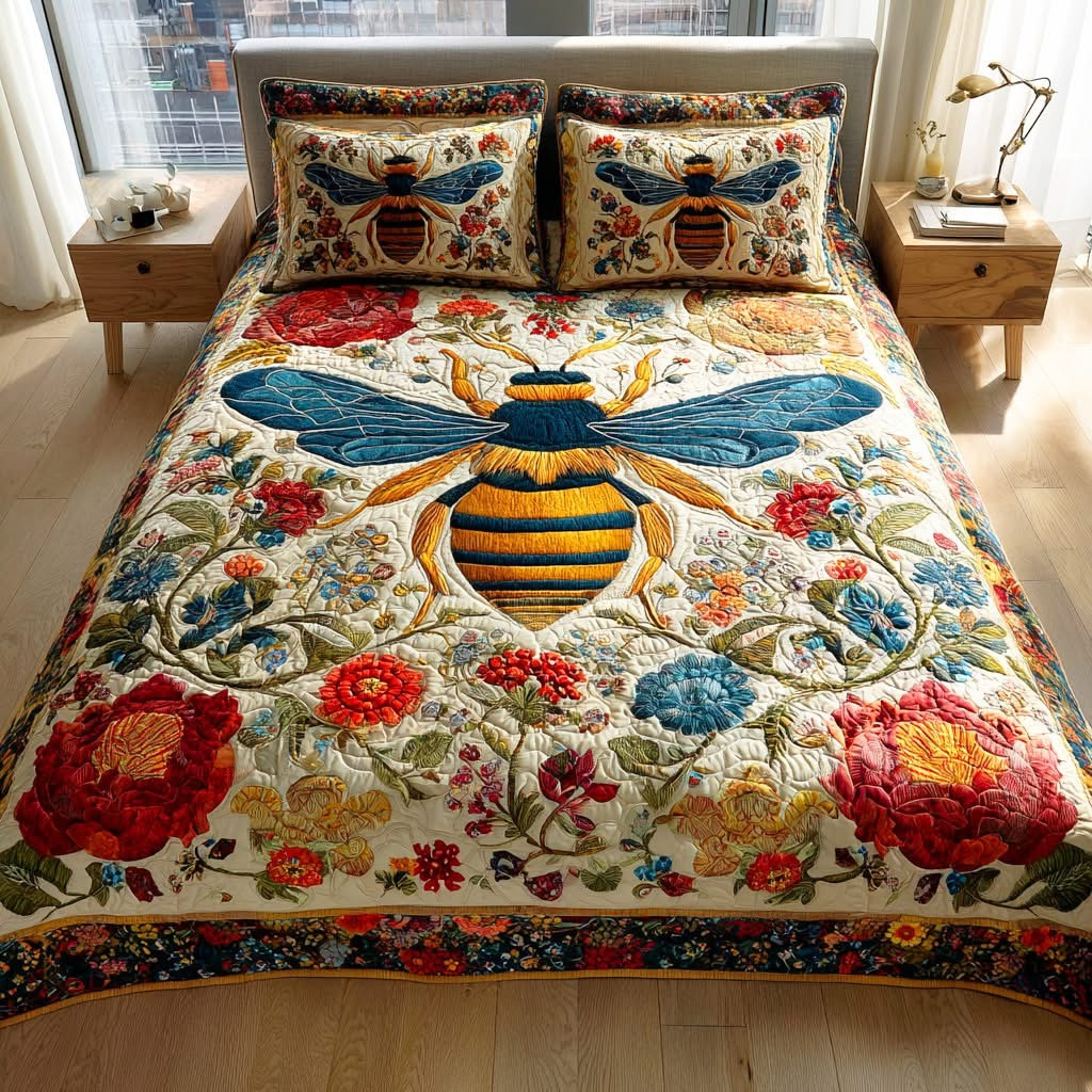 Bee Meadow Flight Quilted Bedding Set Floral Bedspread Set Gifts For Bee Lovers